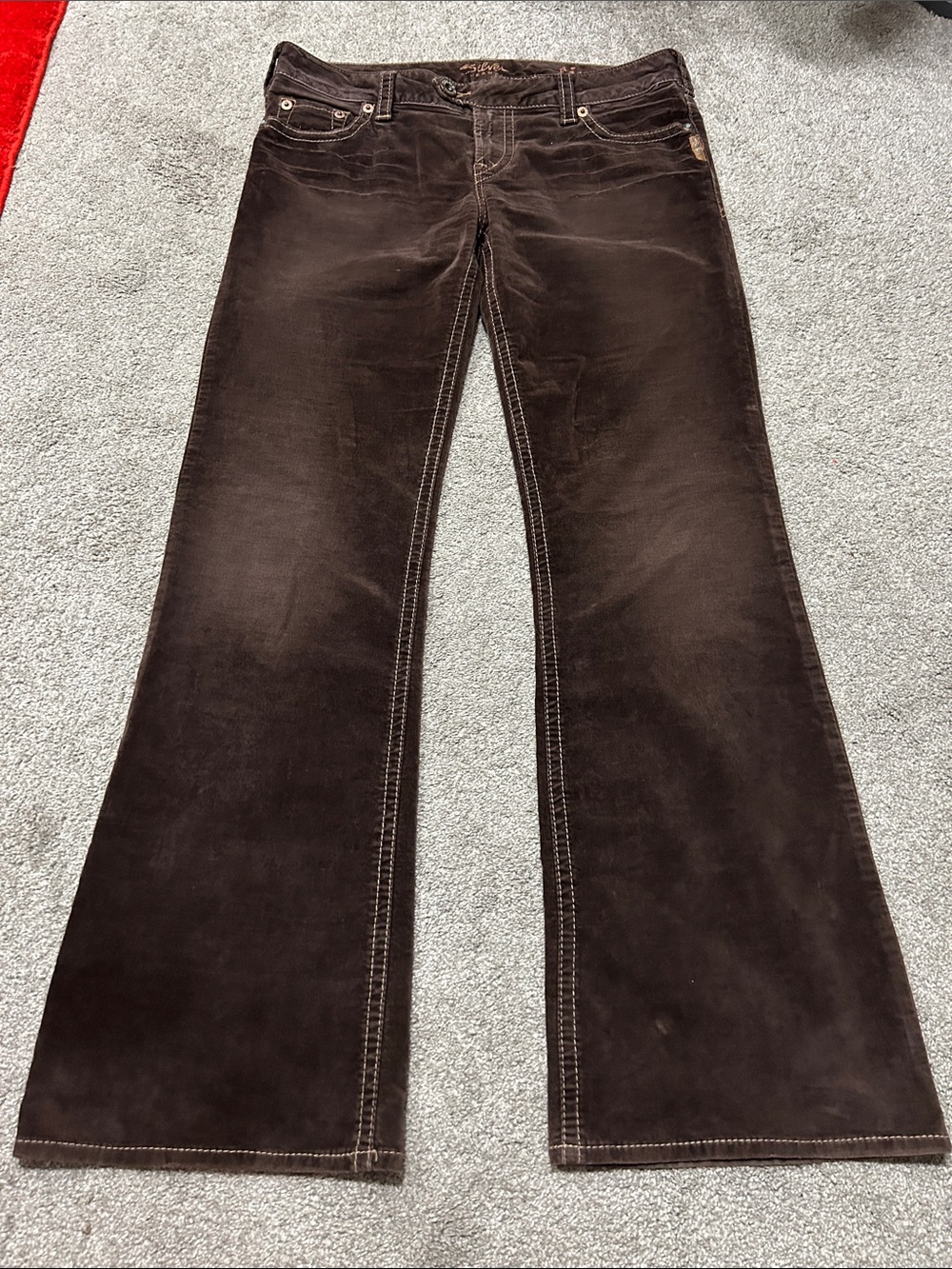 Vintage 90s Silver Jeans Bootcut Flared Brown Suede / Velvet Pants 31x33 - Picture 5 of 8